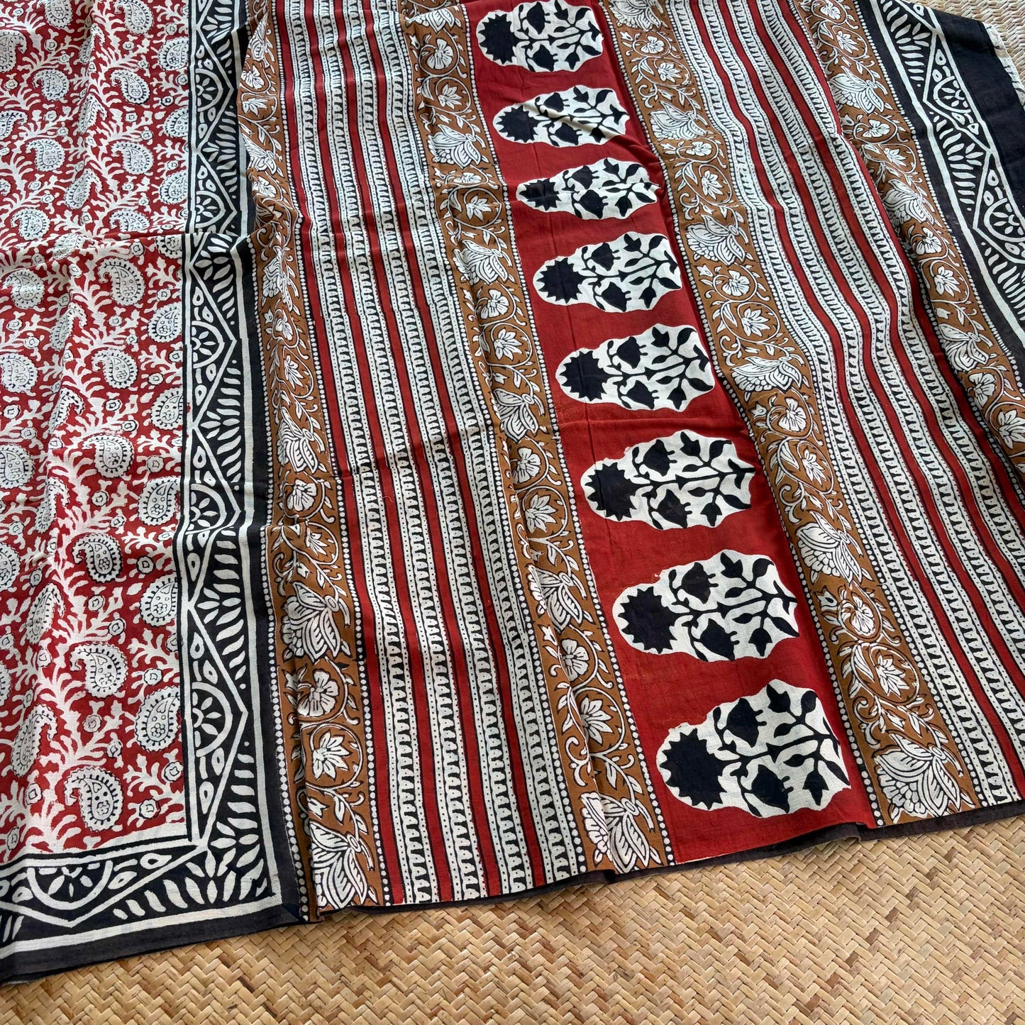 Mul Mul Cotton saree, Hand Block Printed, Red