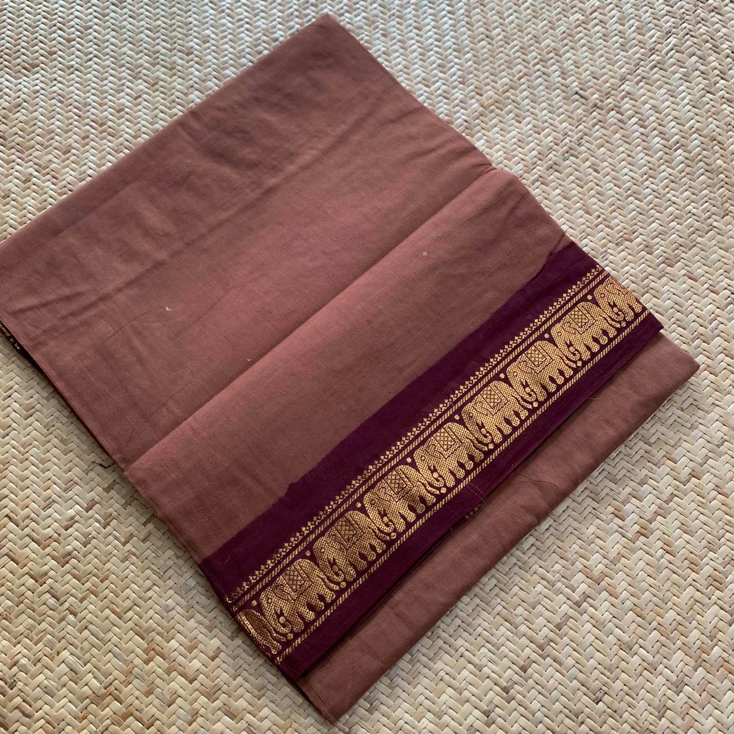 Chocolate Brown Saree With Beetle Nut Brown Half Fine Zari Border, Clamp dyed (Kattu sayam).