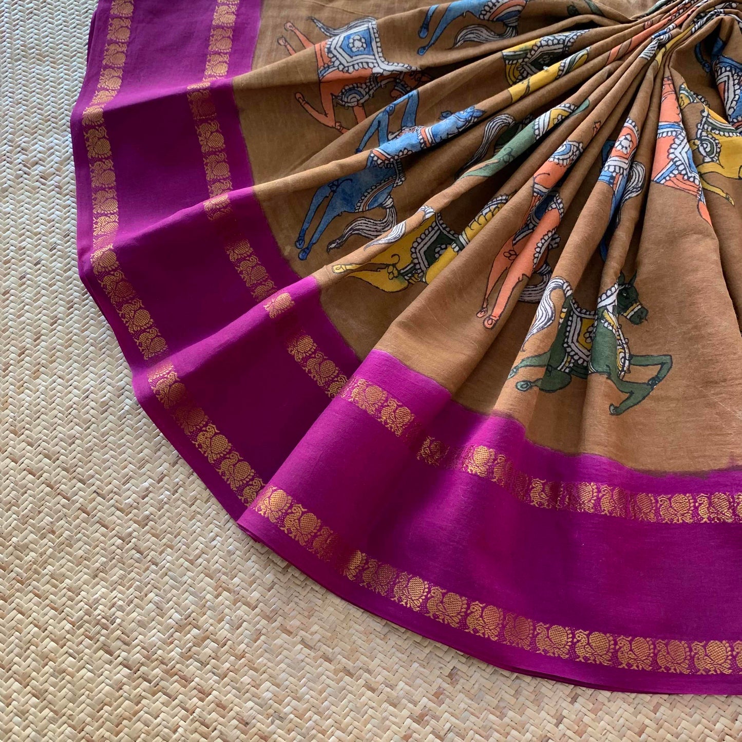 Ashava, Kalamkari Hand Painted on a Madurai Sungudi Cotton saree.