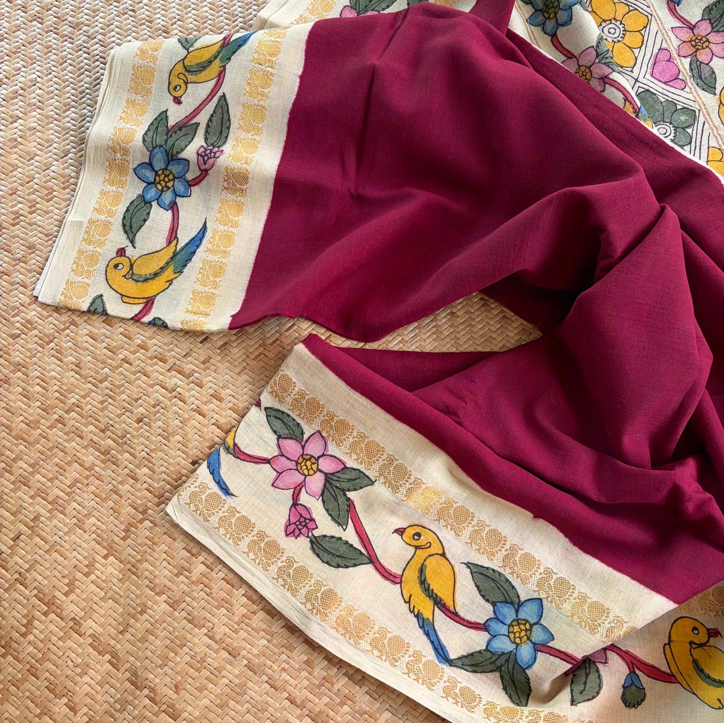 Parrot 🦜 - Kalamkari Hand Painted on a Madurai Sungudi Cotton saree.