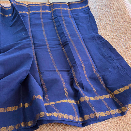Navy Saree With Running Blouse , Zari Rudraksham Rettai Pettu Border , Clamp dyed (Kattu sayam)