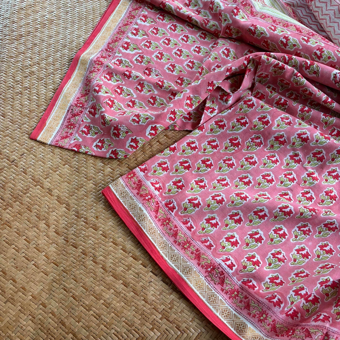 Pink, Jaipur Hand Block Printed On Madurai Cotton Saree With Zari