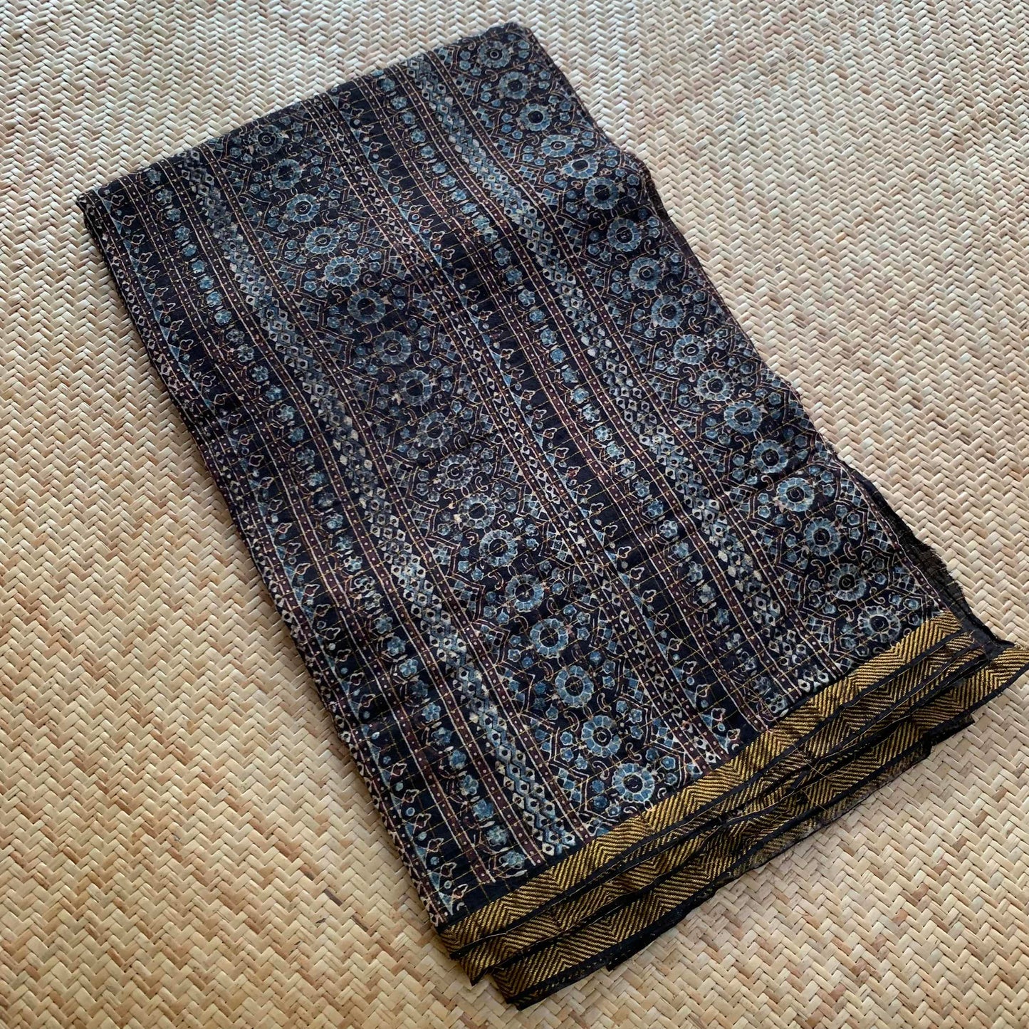 Black, Natural Dyeing Ajrak Hand Block Printed Zari Checks Cotton Blouse Fabric