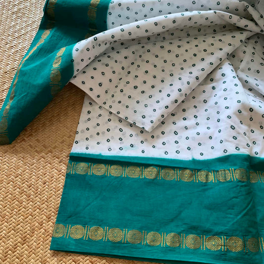 Rama Green Rudraksham Border With Block Print, Sungudi Saree