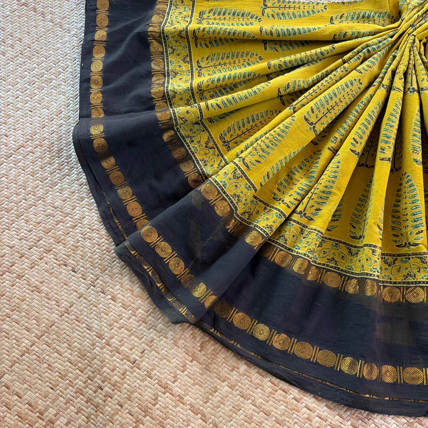 Mustard, Ajrak Hand Block Printed On Madurai Cotton Saree With Zari