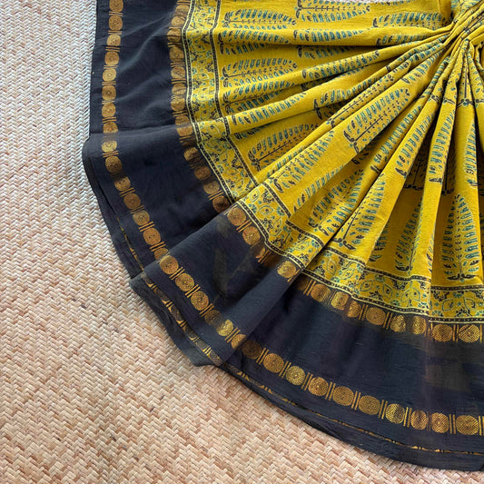 Mustard, Ajrak Hand Block Printed On Madurai Cotton Saree With Zari