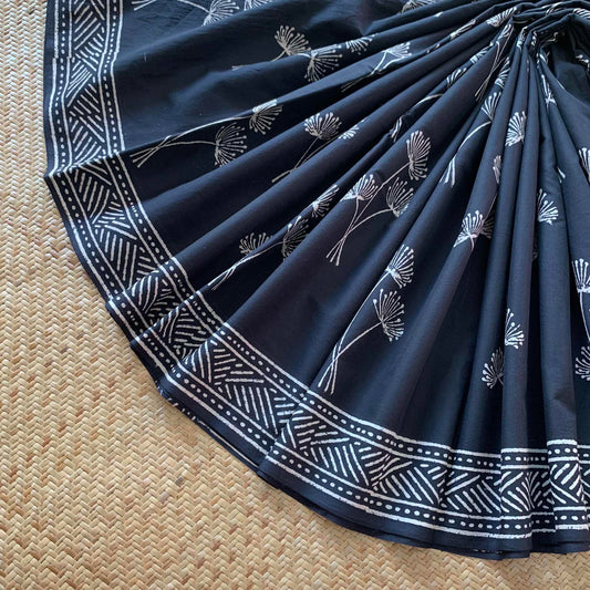 Mul Mul Cotton saree, Hand Block Printed, Black