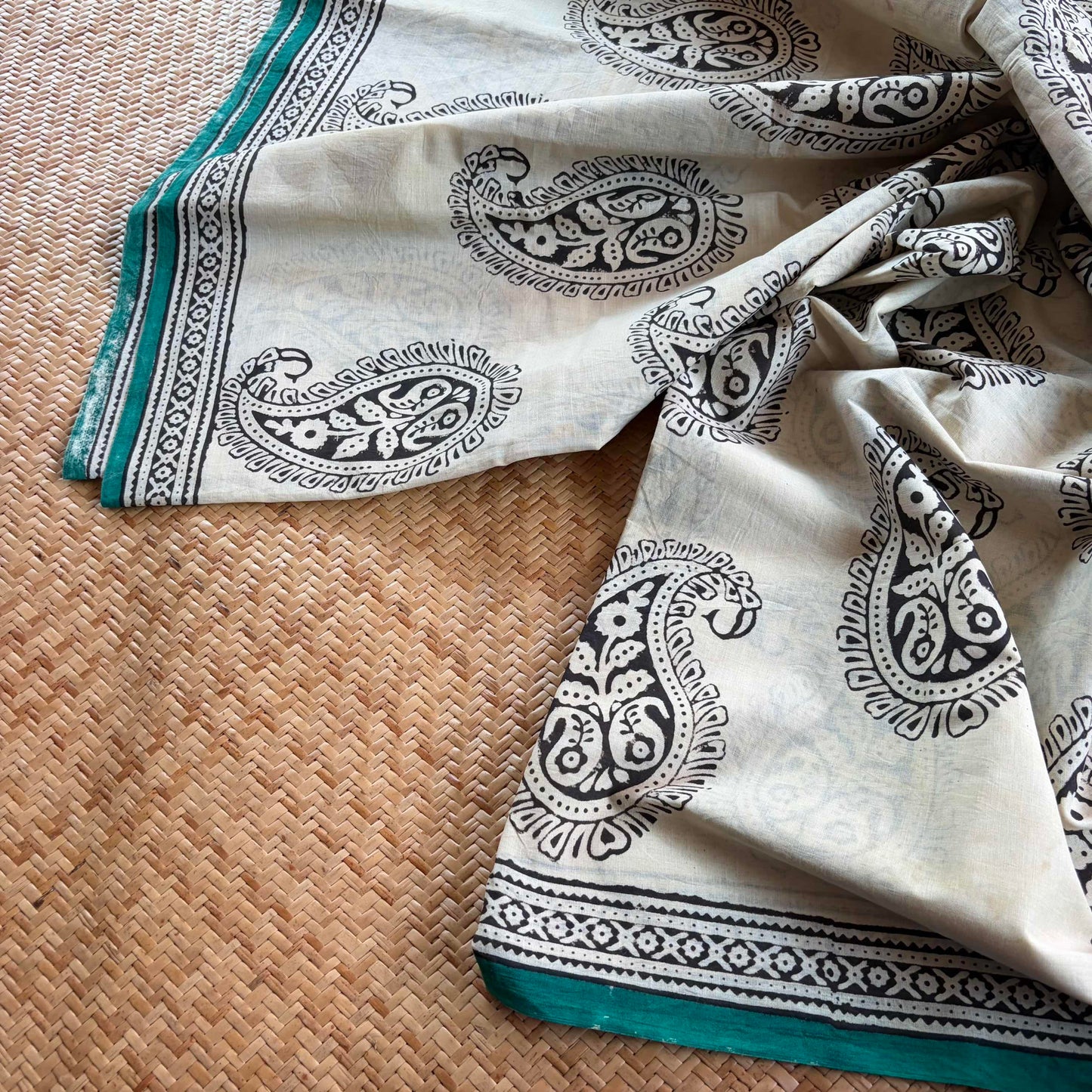 Mul Mul Cotton saree, Hand Block Printed, Beige