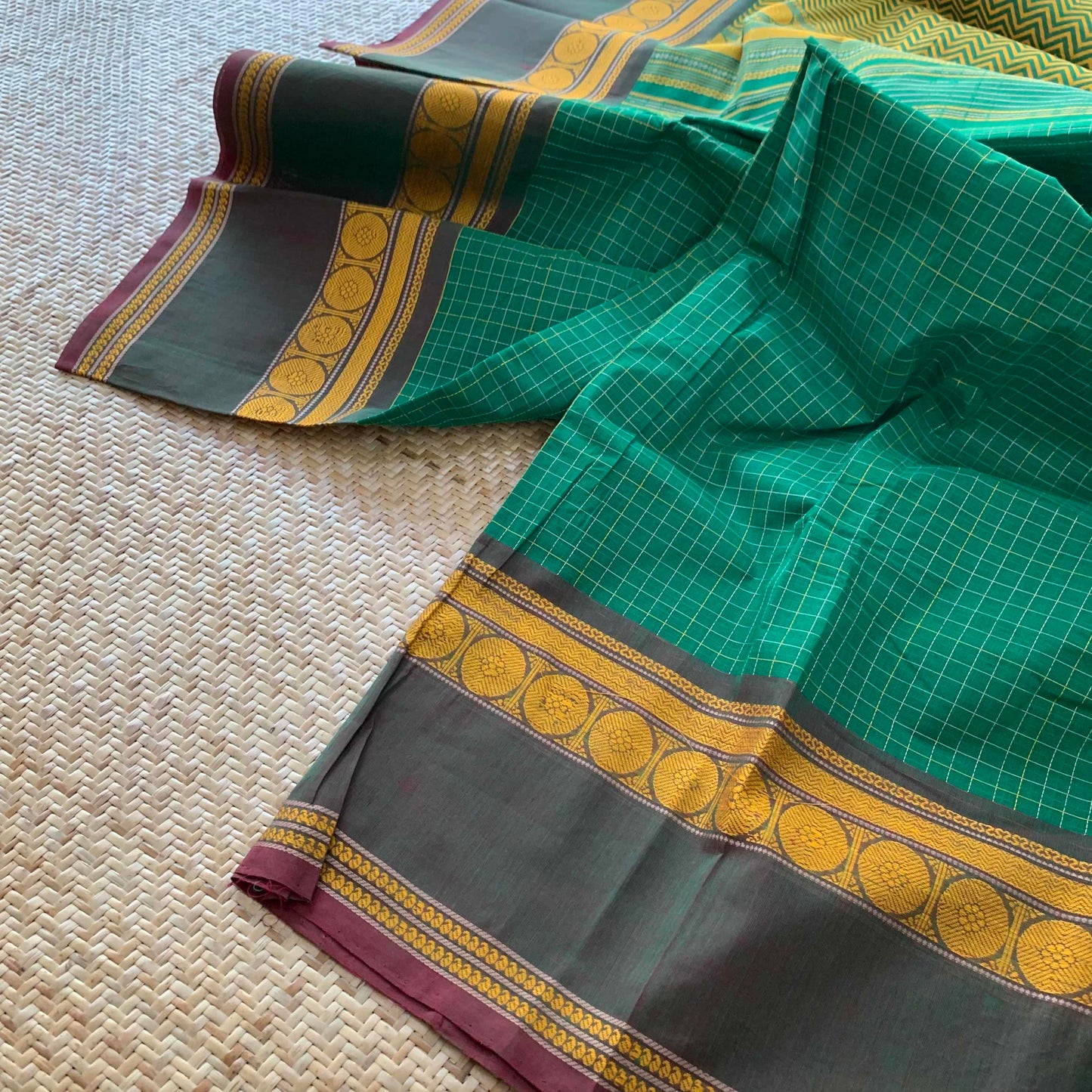 Kanchipuram Cotton Saree, Handwoven Green Saree With Grand Pallu