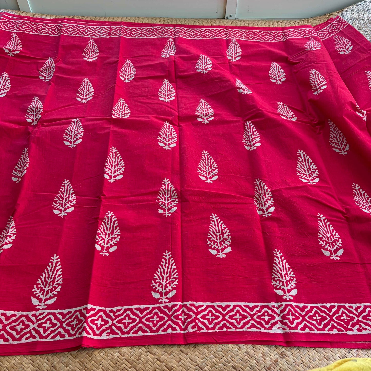 Mul Mul Cotton saree, Hand Block Printed, Red