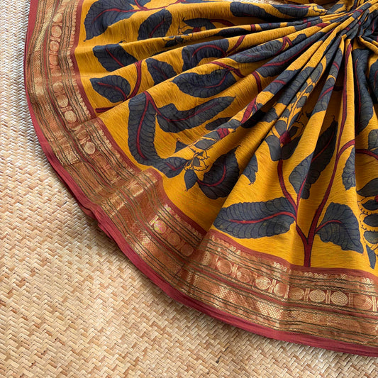 Mustard Kalamkari Hand Painted on Chettinad Cotton saree