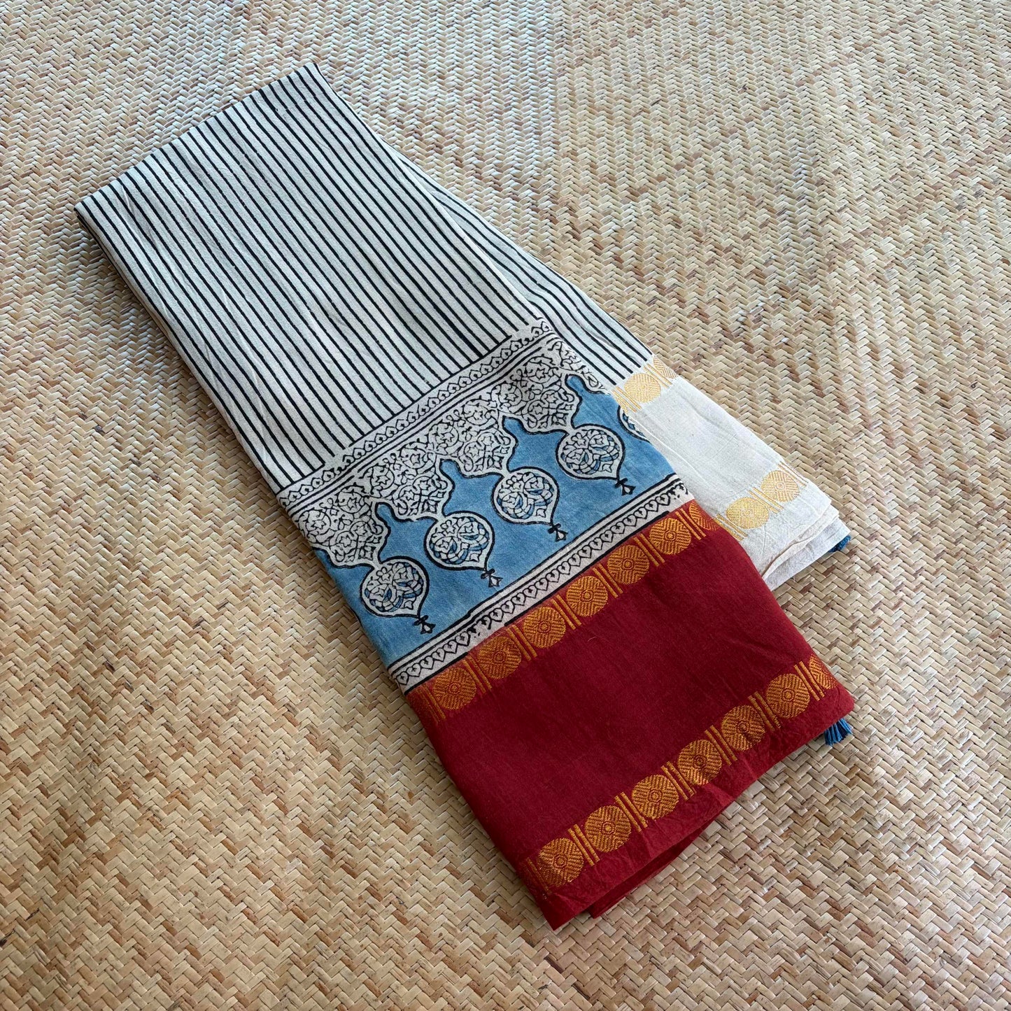 Off White Stripes, Ajrak Hand Block Printed On Madurai Cotton Saree With Zari