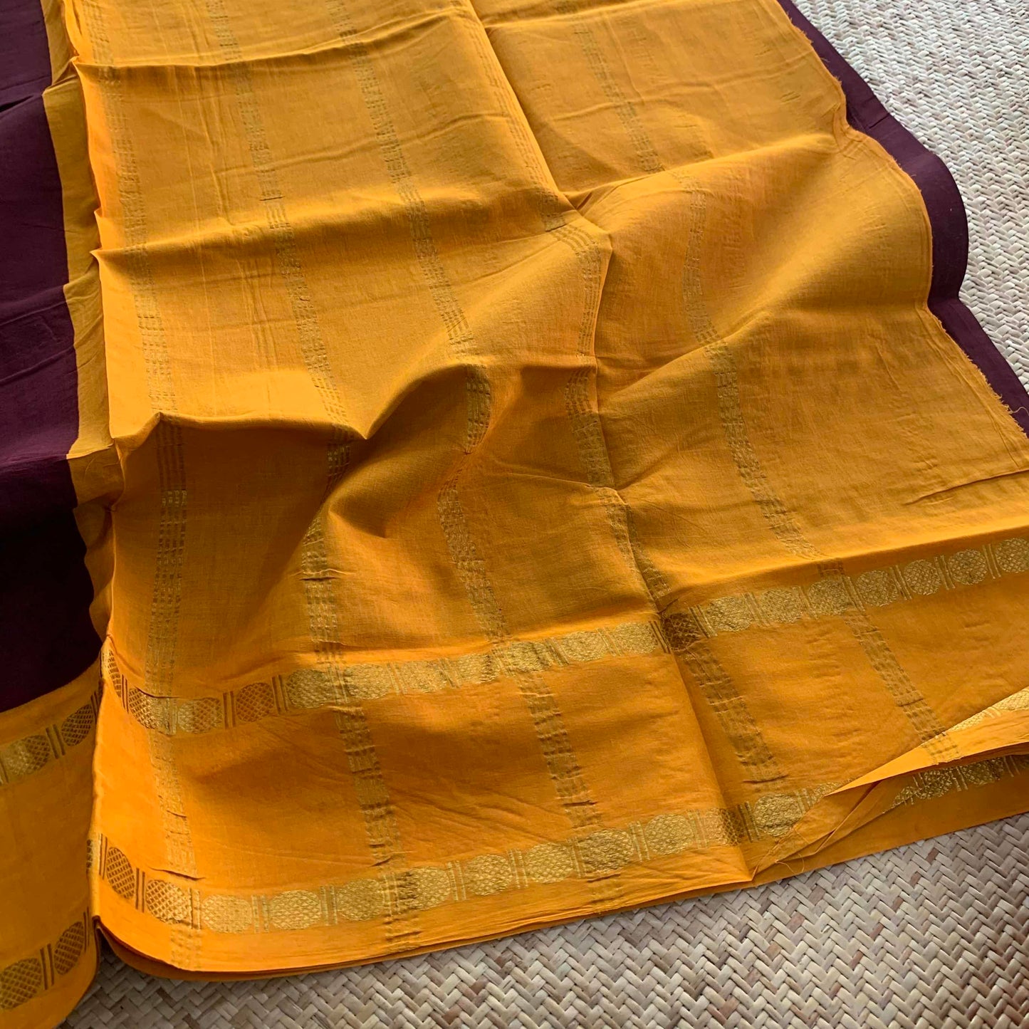 Brown Saree With Yellow Half Fine Zari Border, Clamp dyed (Kattu sayam).