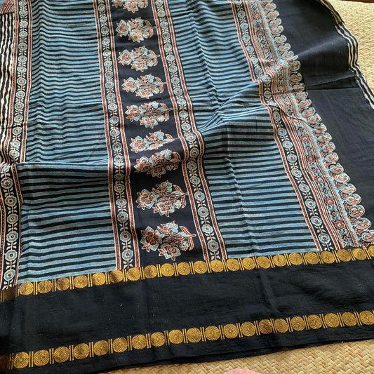 Black waves, Ajrak Hand Block Printed On Madurai Cotton Saree With Zari