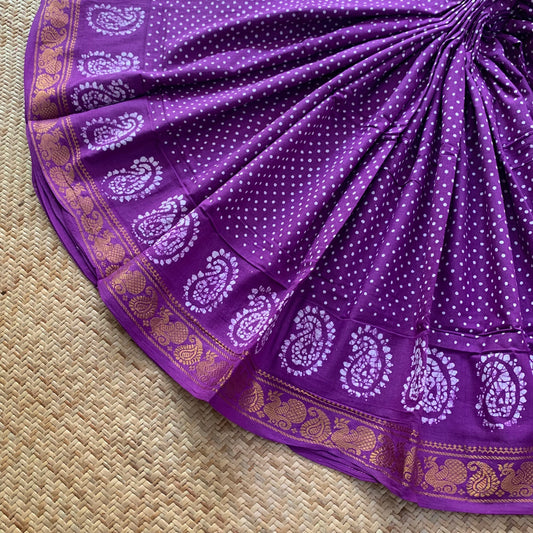 Purple Hand Crafted wax print Sungudi Mul Mul Cotton Saree