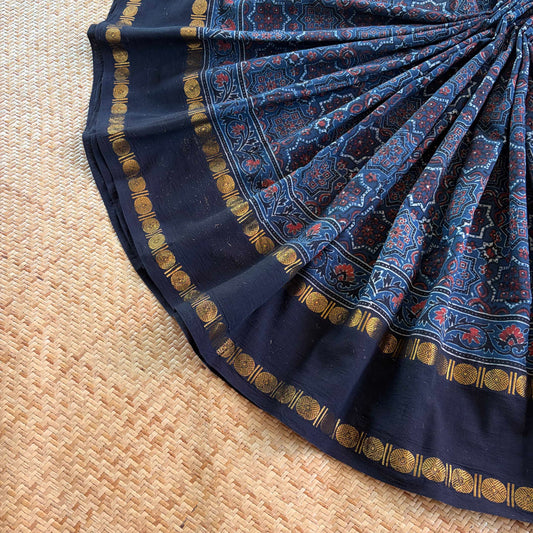 Star Indigo, Ajrak Hand Block Printed On Madurai Cotton Saree With Zari