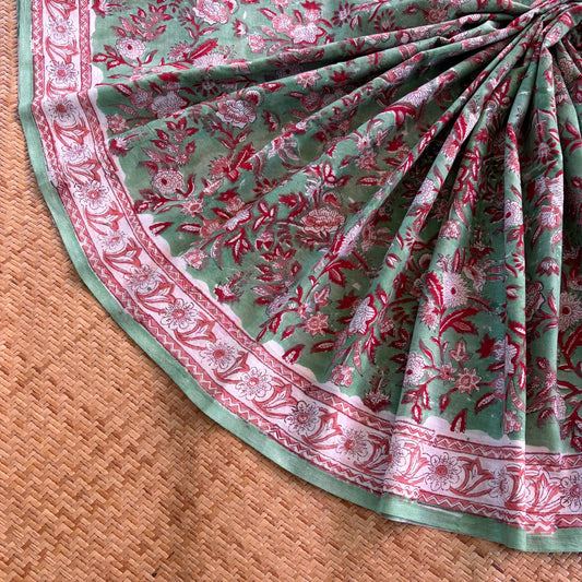 Mul Mul Cotton saree, Hand Block Printed, Green