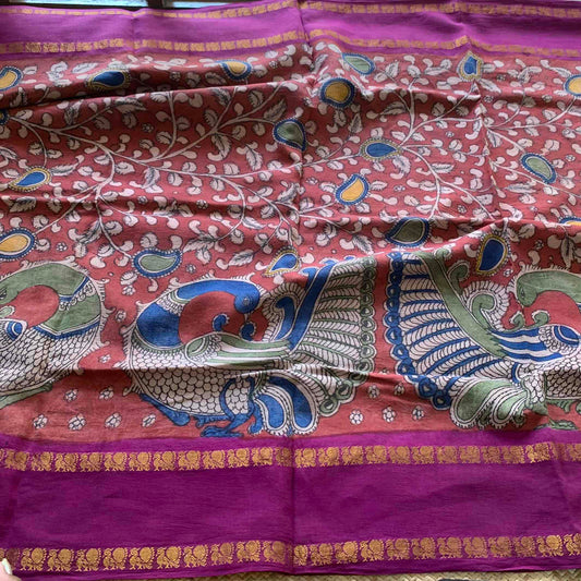 Peacock, Kalamkari Hand Painted on a Madurai Sungudi Cotton saree.