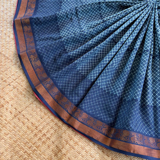 Indigo, Hand Crafted Nui Shibori Sungudi Cotton Saree