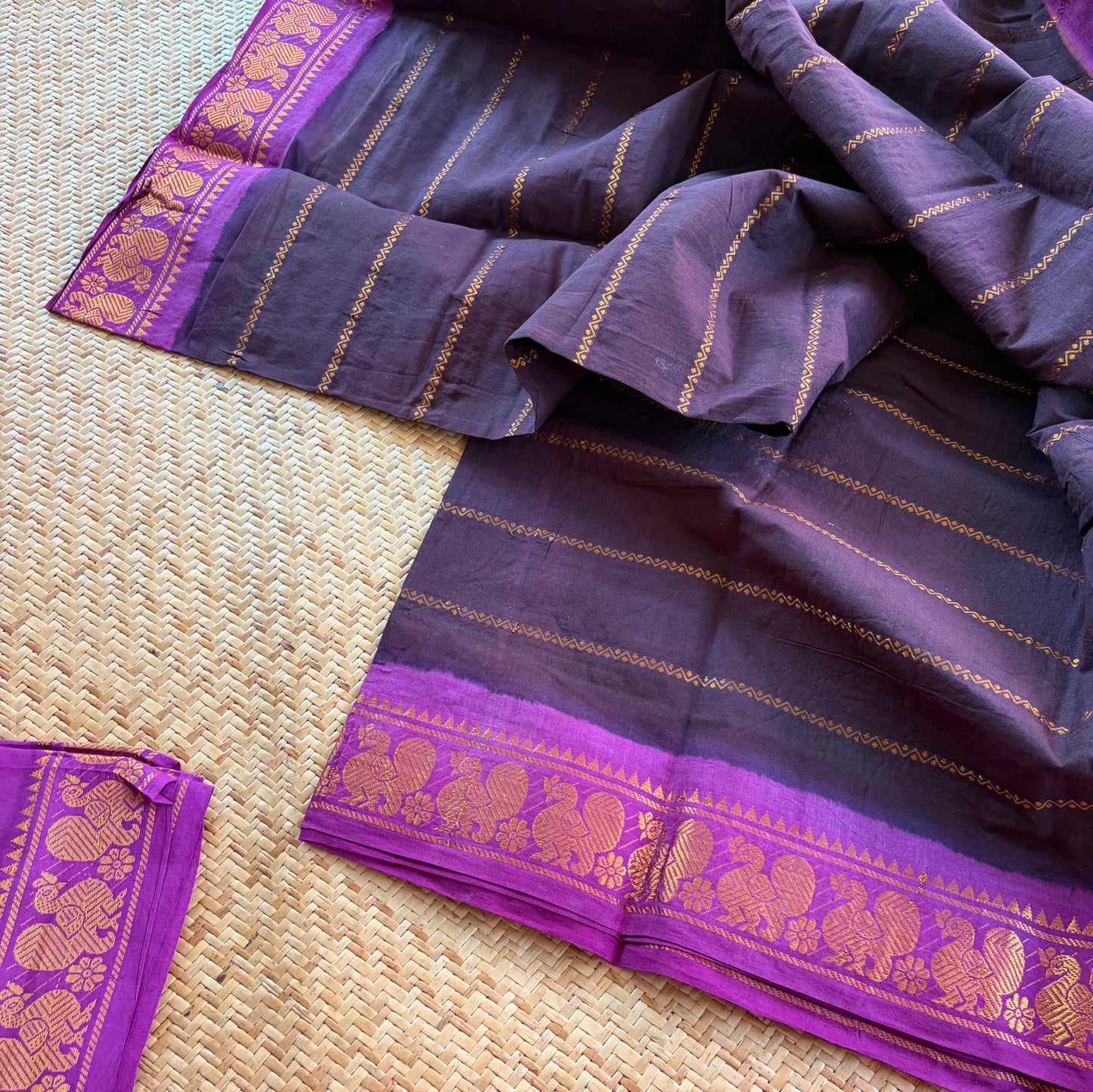Dark Brown saree with Purple Border, Zari Velthari Madurai Sungadi Saree with blouse