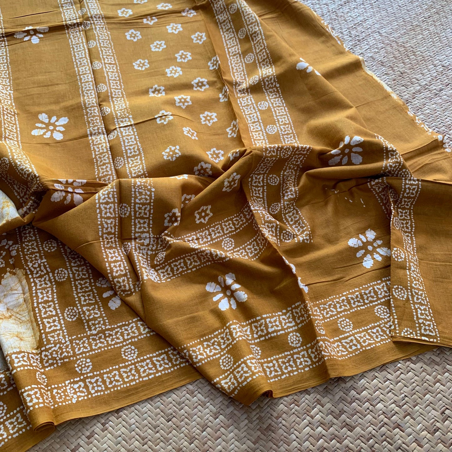 Mustard Hand Crafted wax print Sungudi Mul Mul Cotton Saree