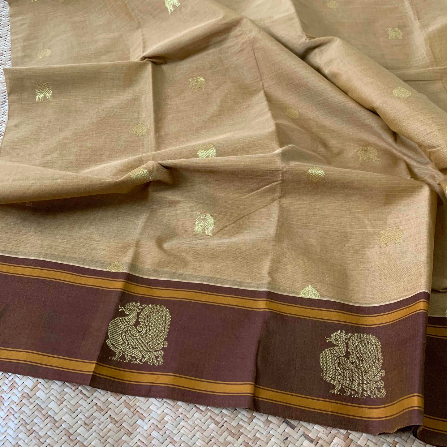 Kanchipuram Cotton Saree, Beige Double Tone Saree with Brown Border and Grand Pallu with Yazhi Chakkaram Butta