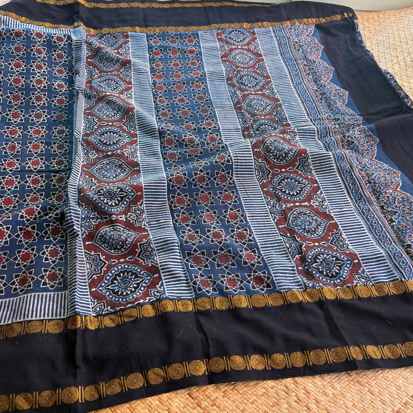 Atoms-Indigo, Ajrak Hand Block Printed On Madurai Cotton Saree With Zari