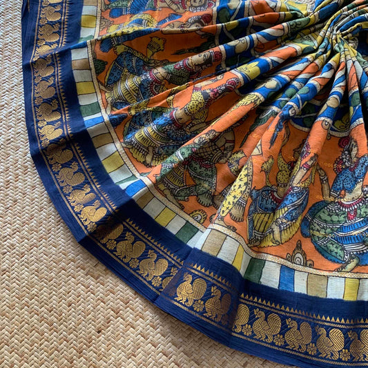 Multicoloured Kalamkari Hand Painted on a Madurai Velthari Sungudi Cotton saree.