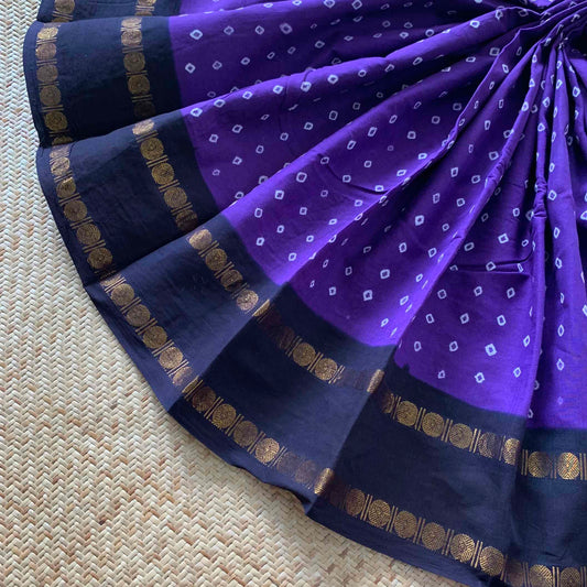 Voilet Saree With Black Border, Hand knotted Sungudi On a Rudraksham Border Cotton saree, Kaikattu Sungadi