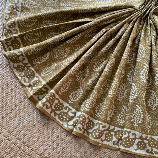 Mul Mul Cotton saree, Hand Block Printed, Mustard