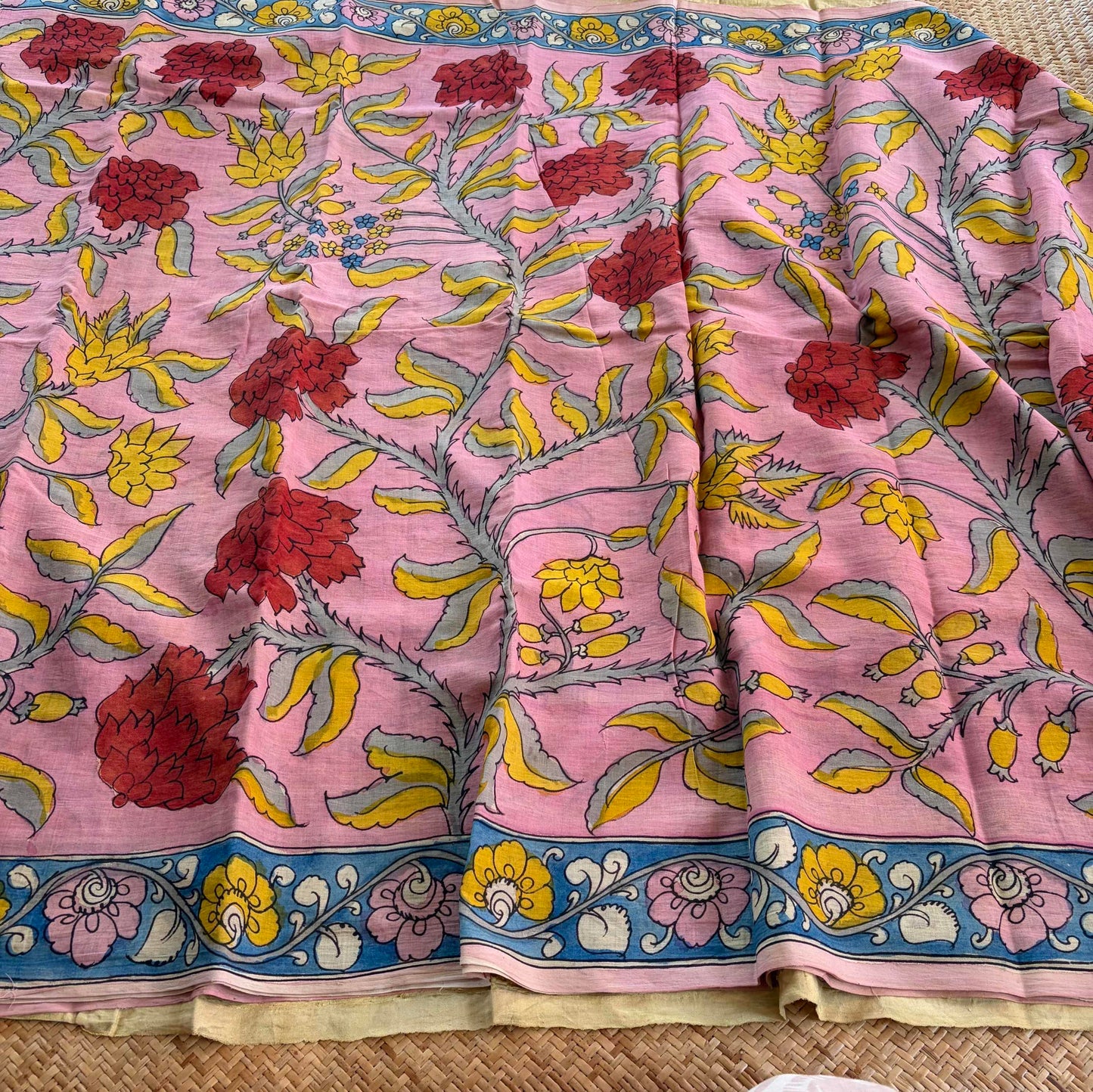 Botanical, Kalamkari Hand Painted on a Madurai Velthari Sungudi Cotton saree.