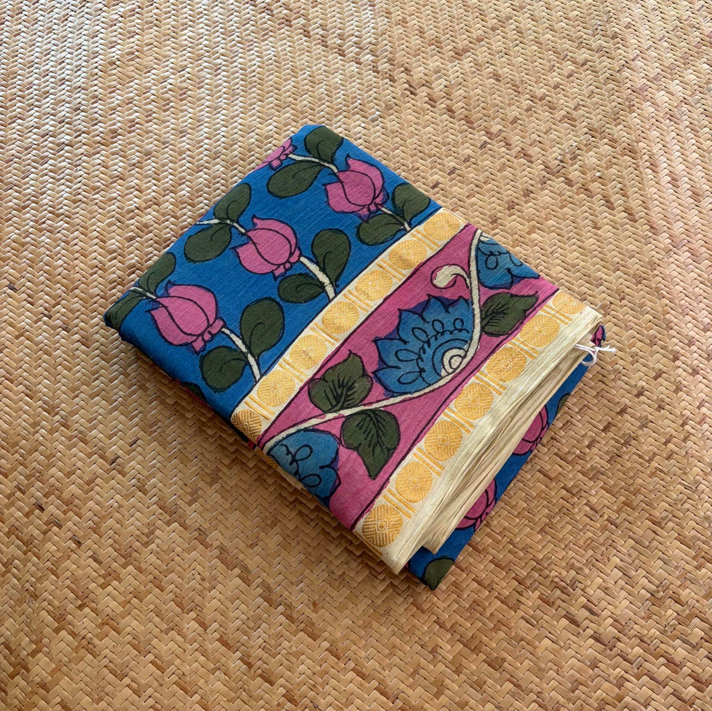 Blue Kalamkari Hand Painted on Cotton Sungudi Saree With Blouse