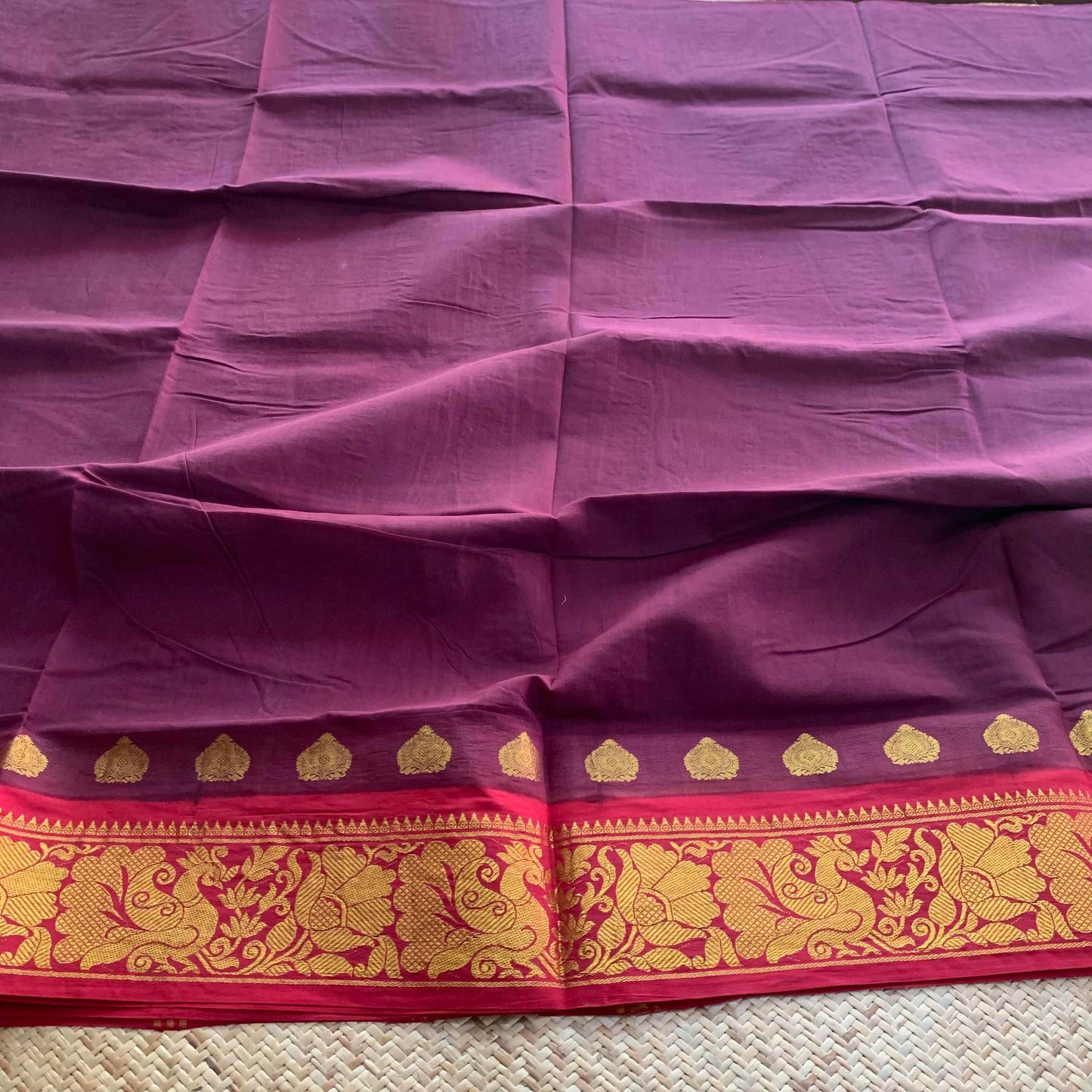 Brown Saree With Red Half Fine Zari Border, Clamp dyed (Kattu sayam).