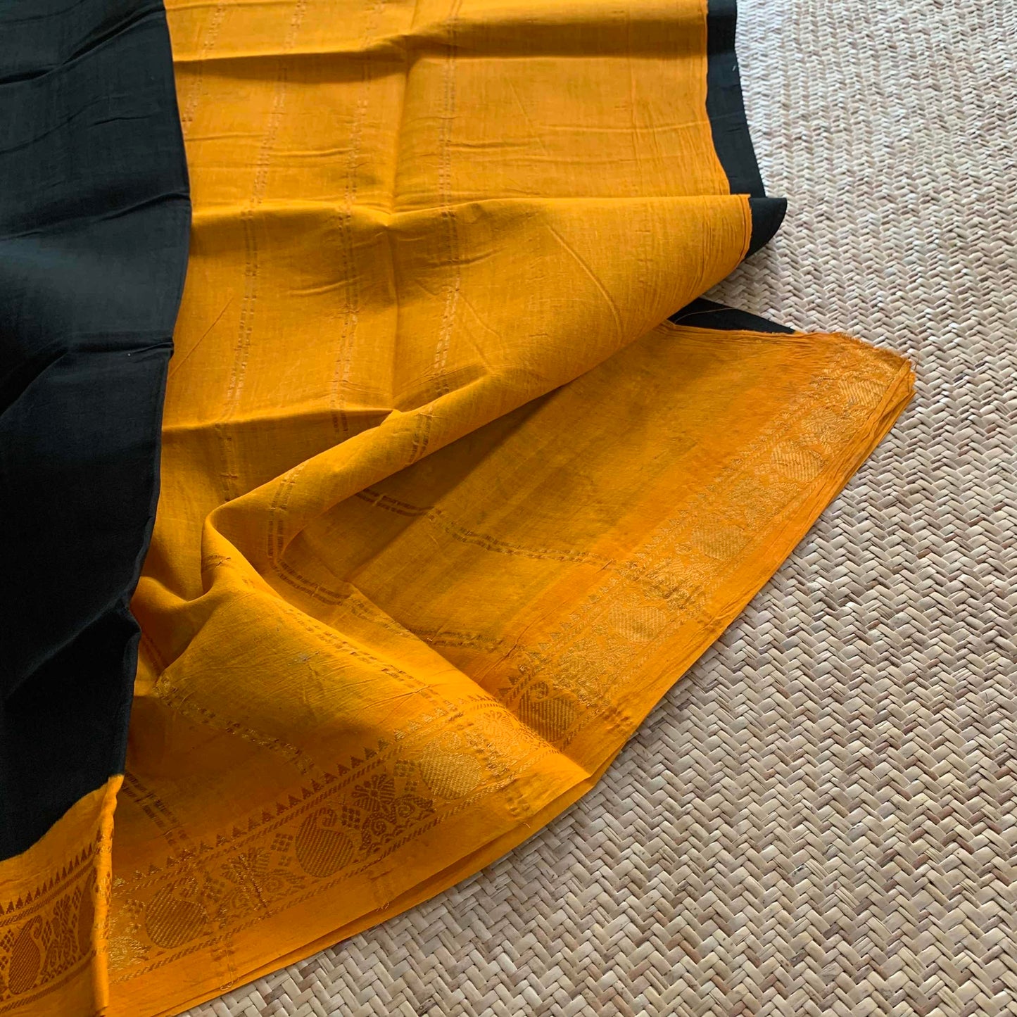 Black Saree With Yellow Half Fine Zari Border, Clamp dyed (Kattu sayam).