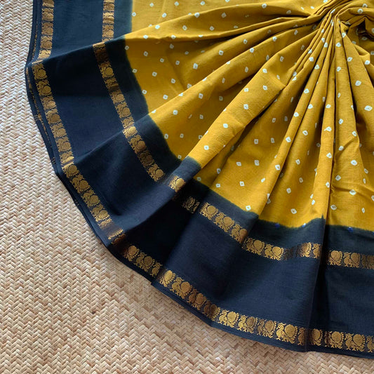 Mustard Saree With Deep Green Border, Hand knotted Sungudi On a Rudraksham Border Cotton saree, Kaikattu Sungadi