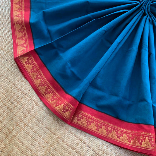 Blue Saree With Red Half Fine Zari Border, Clamp dyed (Kattu sayam).