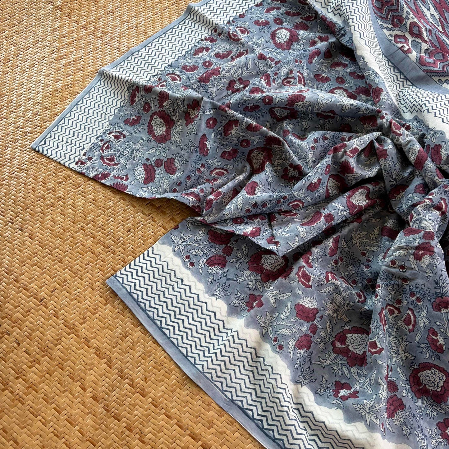 Mul Mul Cotton saree, Hand Block Printed, Grey