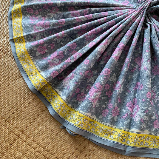 Mul Mul Cotton saree, Hand Block Printed, Grey