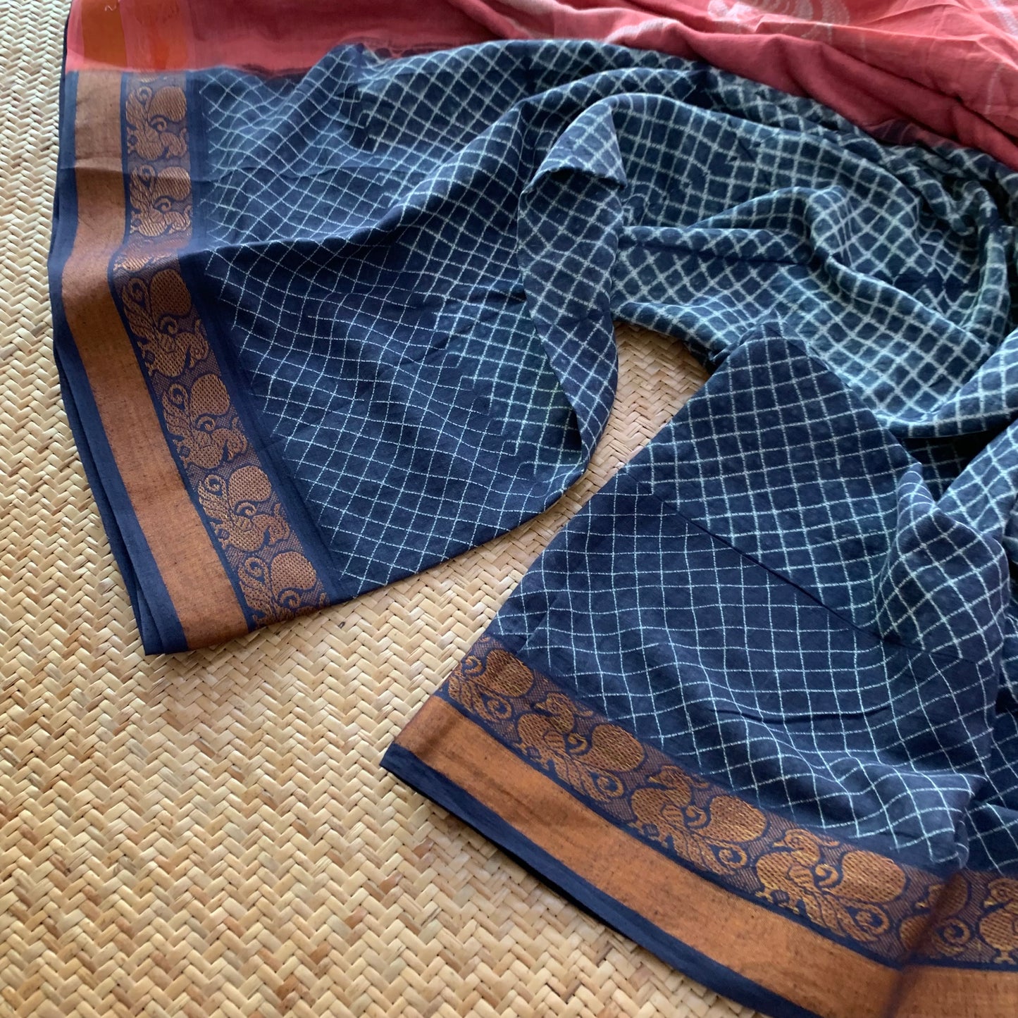 Blue with Salmon, Shibori Sungudi Cotton Saree