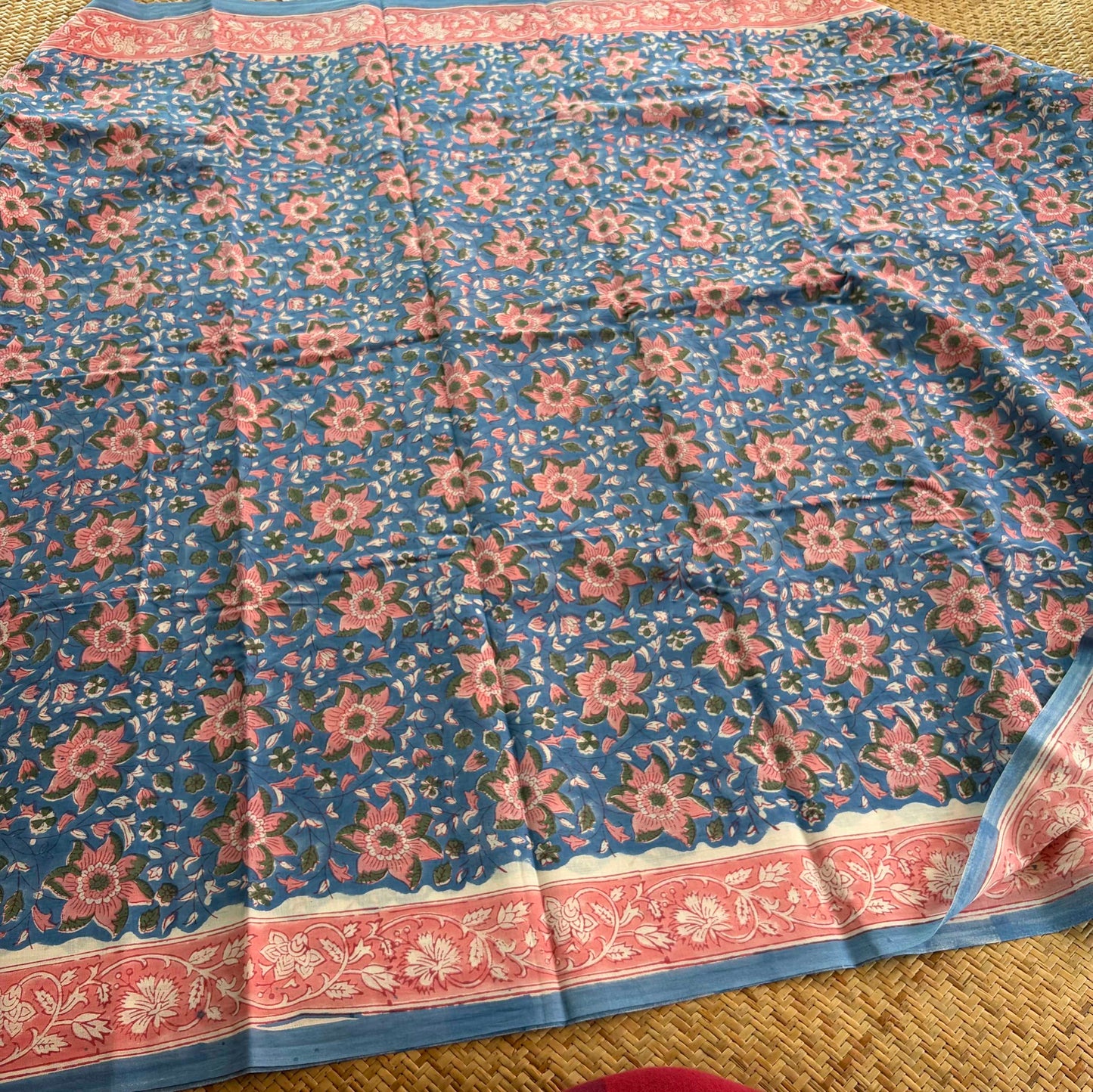 Mul Mul Cotton saree, Hand Block Printed, Blue
