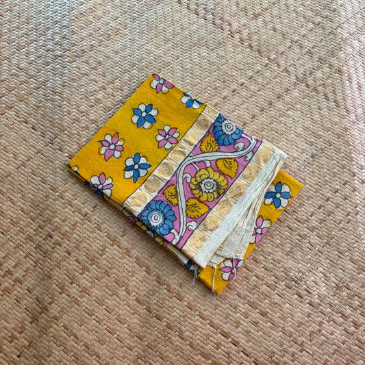 Yellow Floral, Kalamkari Hand Painted on a Madurai Sungudi Cotton 1.20 METER FABRIC