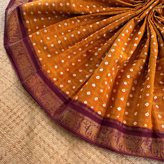 Mustard Saree With Brown Border, Hand knotted Sungudi On Cotton saree, Kaikattu Sungudi