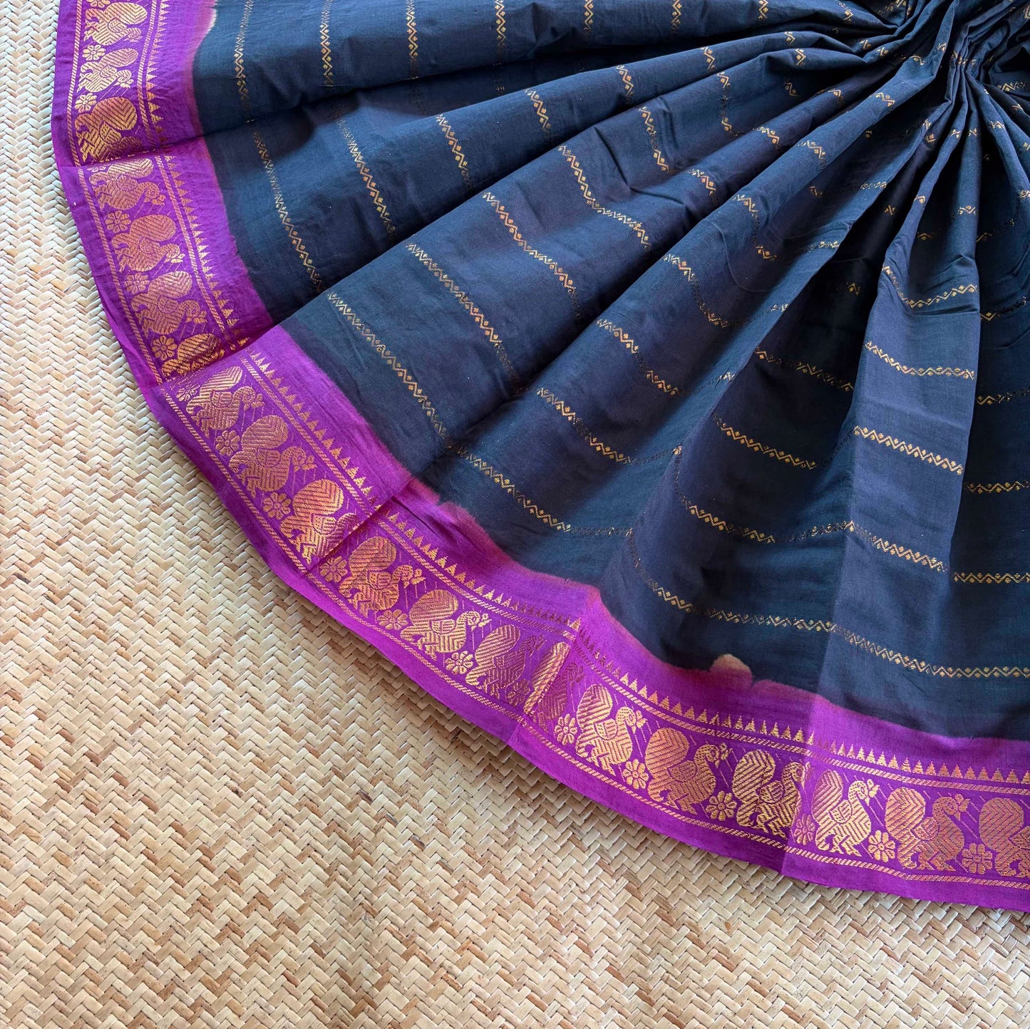 Black saree with Purple Border, Zari Velthari Madurai Sungadi Saree with blouse