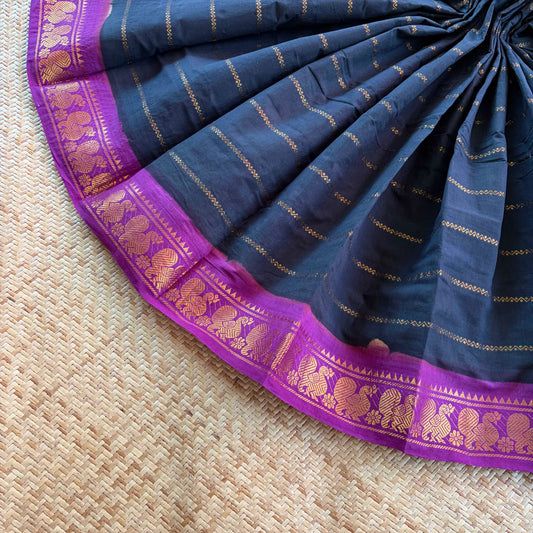 Black saree with Purple Border, Zari Velthari Madurai Sungadi Saree with blouse