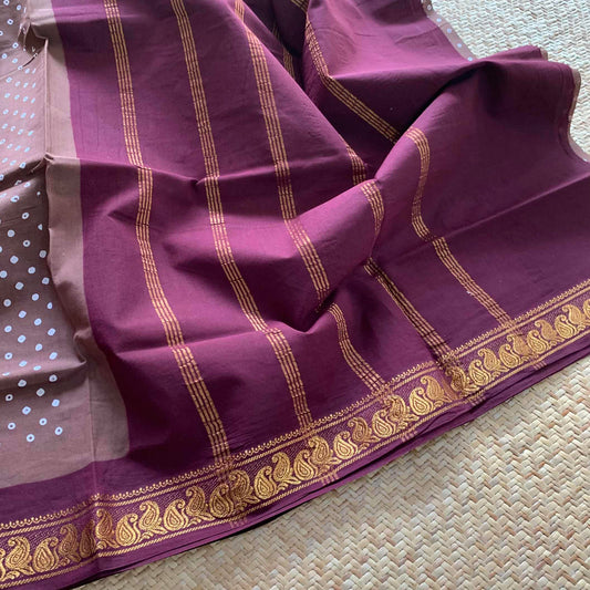 Brown With Dark Brown Wax Print, Half Fine Zari Premium Sungudi Cotton Sarees