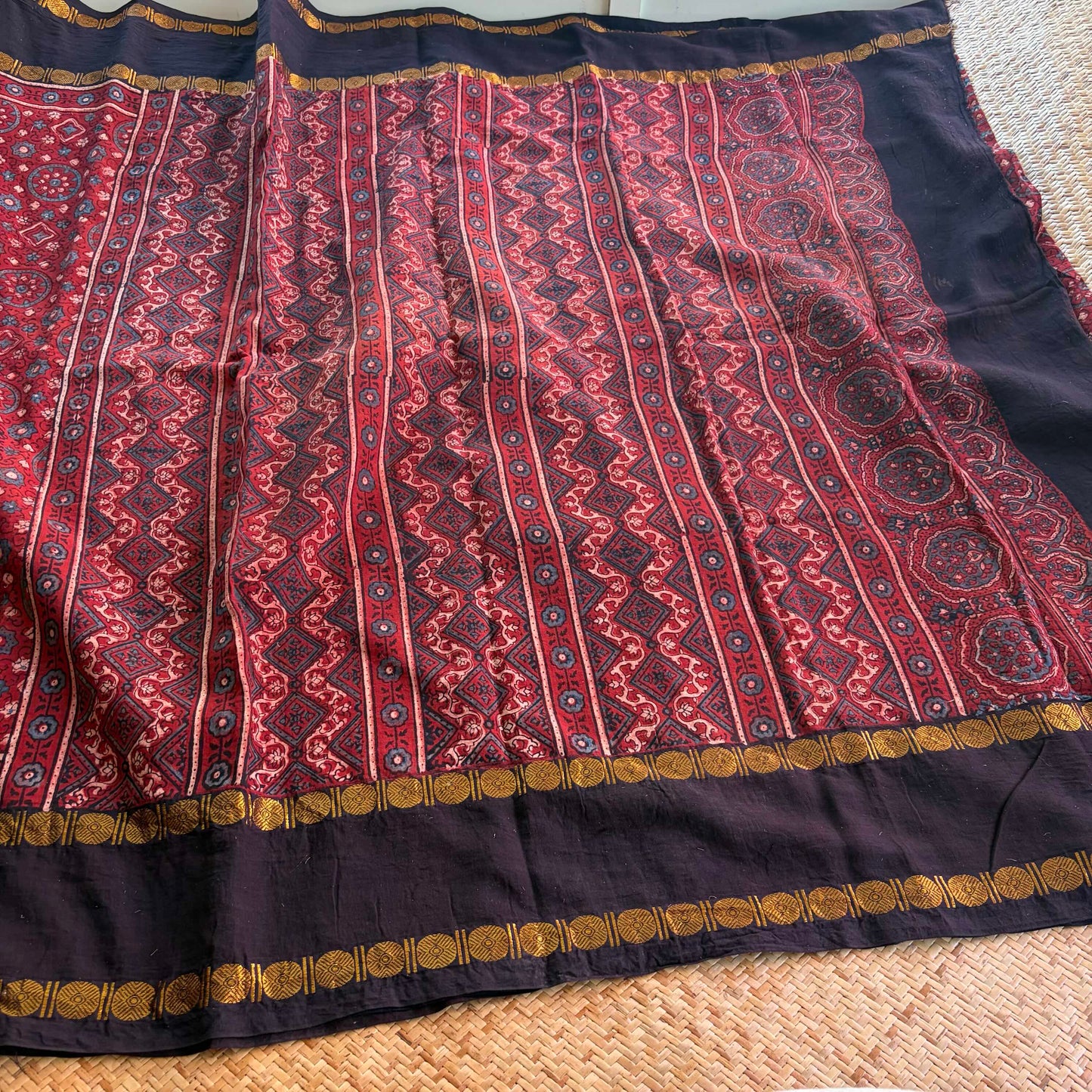 Vintage- Rudraksha Border, Ajrak Hand Block Printed On Madurai Cotton Saree With Zari