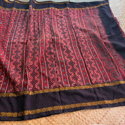 Vintage- Rudraksha Border, Ajrak Hand Block Printed On Madurai Cotton Saree With Zari