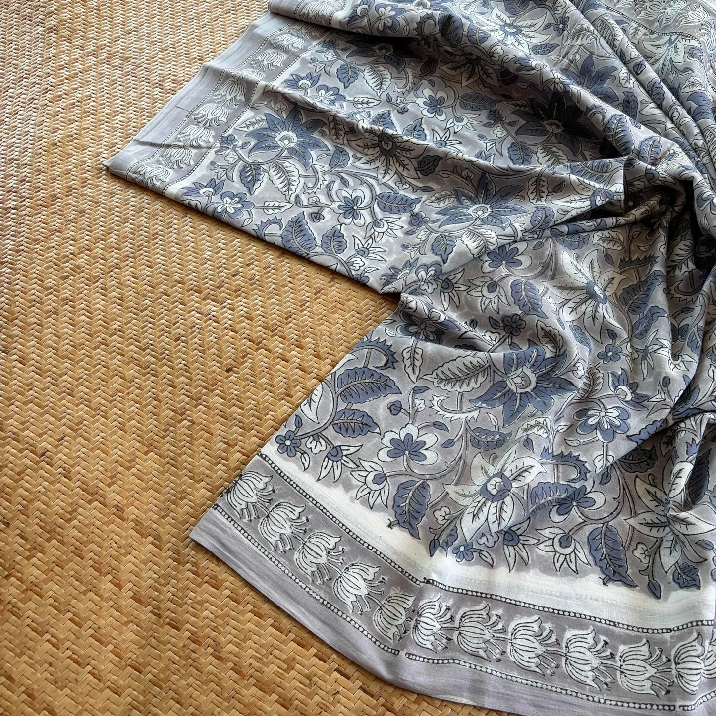 Mul Mul Cotton saree, Hand Block Printed, Grey