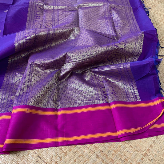 Kanchipuram Cotton Saree, Voilet Double Tone Saree With Purple Border, Grand Pallu and Yazhi Chakkaram Butta