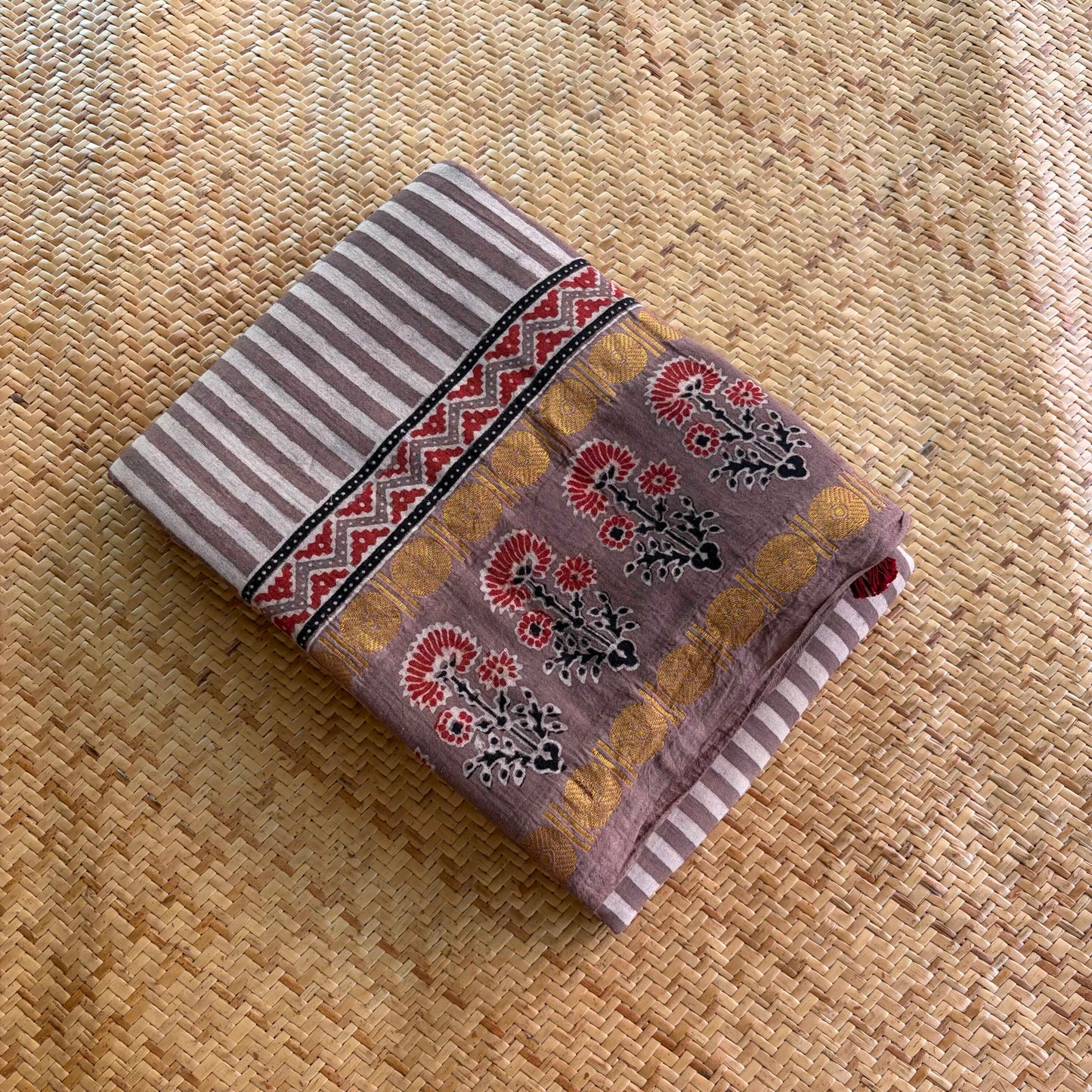 Nude, Ajrak Hand Block Printed On Madurai Cotton Saree With Zari